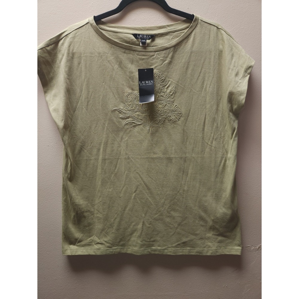 Lauren Ralph Lauren Green Floral Embroidered Cotton Short Sleeve Top Women L NWT